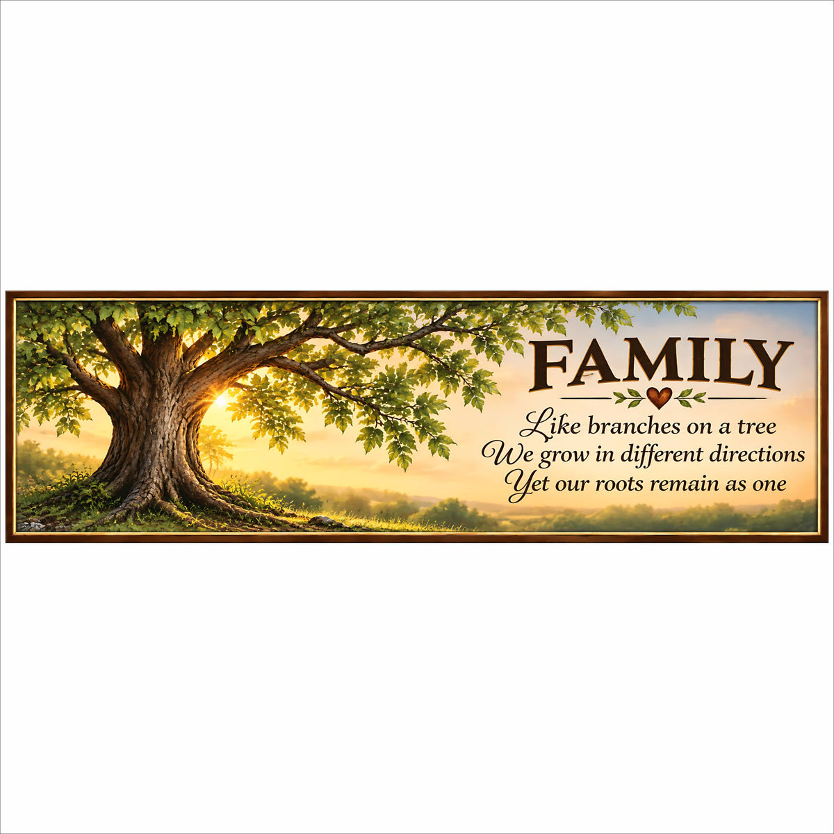 Family tree sign with golden sunset, large tree and inspirational quote about family branches and roots.