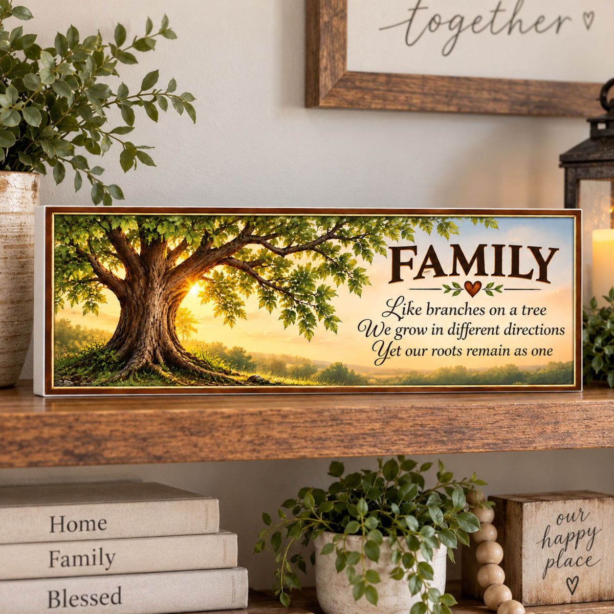 16x5 family tree sign displayed on a rustic wood shelf with farmhouse decor and greenery.