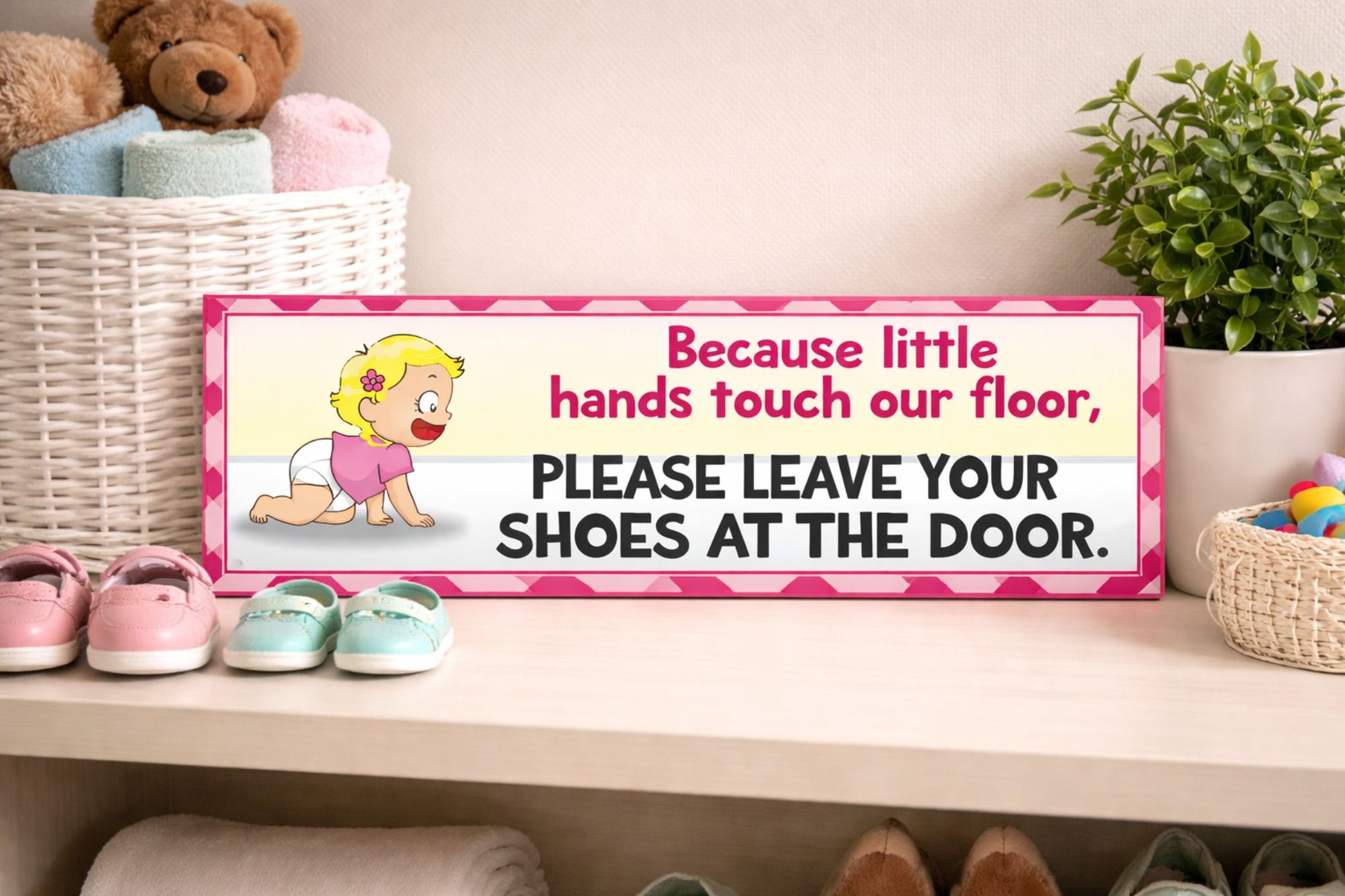 lifestyle image of baby shoes sign on shelf with toddler shoes basket and nursery decor