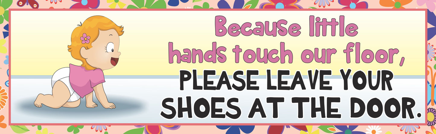 Red hair crawling baby girl nursery sign because little hands touch the floor please leave shoes at the door