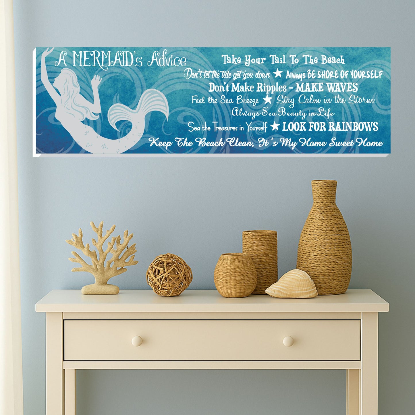 Advice From a Mermaid Blue Inspirational Sign with White Mermaid Silhouette & Beach Quotes