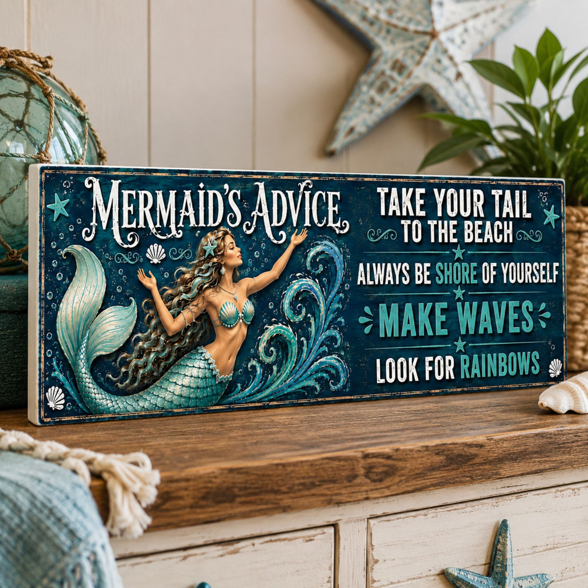 Mermaid’s Advice sign displayed on a wooden shelf with coastal decorations, featuring a turquoise mermaid, ocean waves, and playful beach sayings.