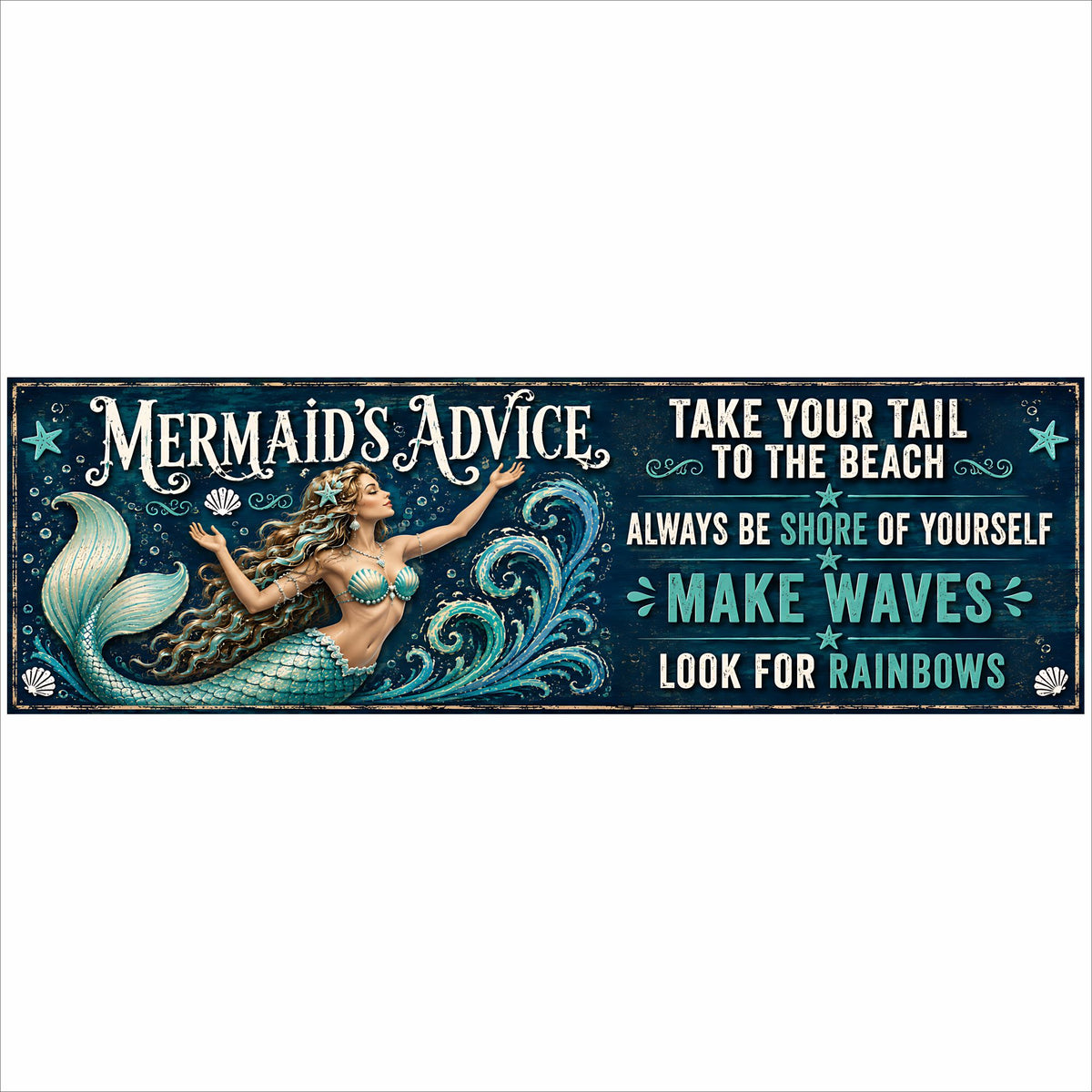 Mermaid’s Advice sign with a turquoise-tailed mermaid, curling waves, seashells, and sayings including “Take your tail to the beach” and “Make waves.”
