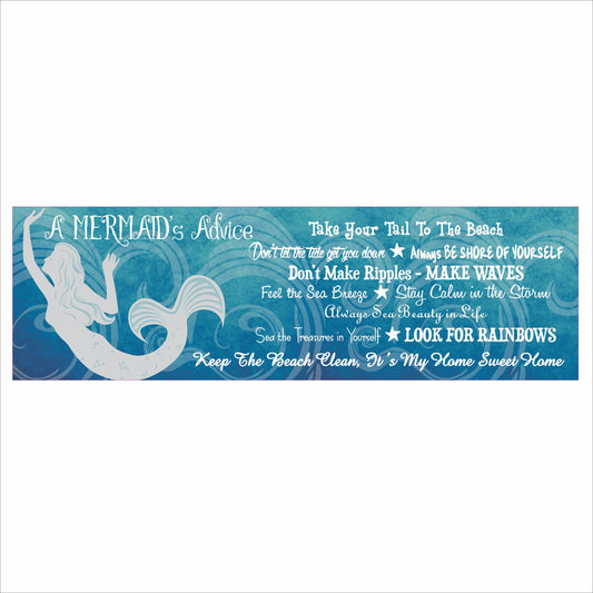 Advice From a Mermaid Blue Inspirational Sign with White Mermaid Silhouette & Beach Quotes