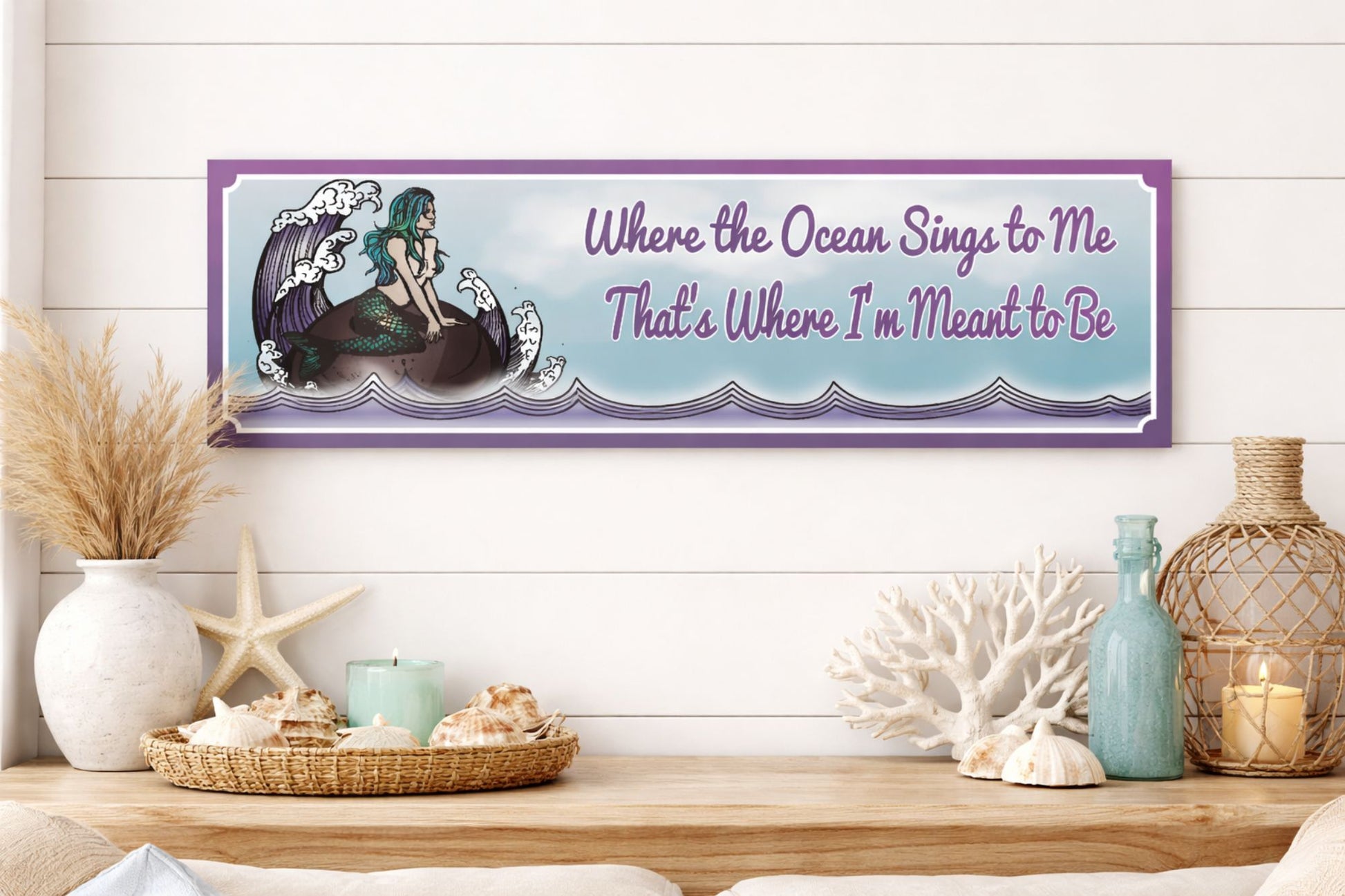 mermaid beach wall sign where the ocean sings to me coastal ocean quote decor displayed on shelf