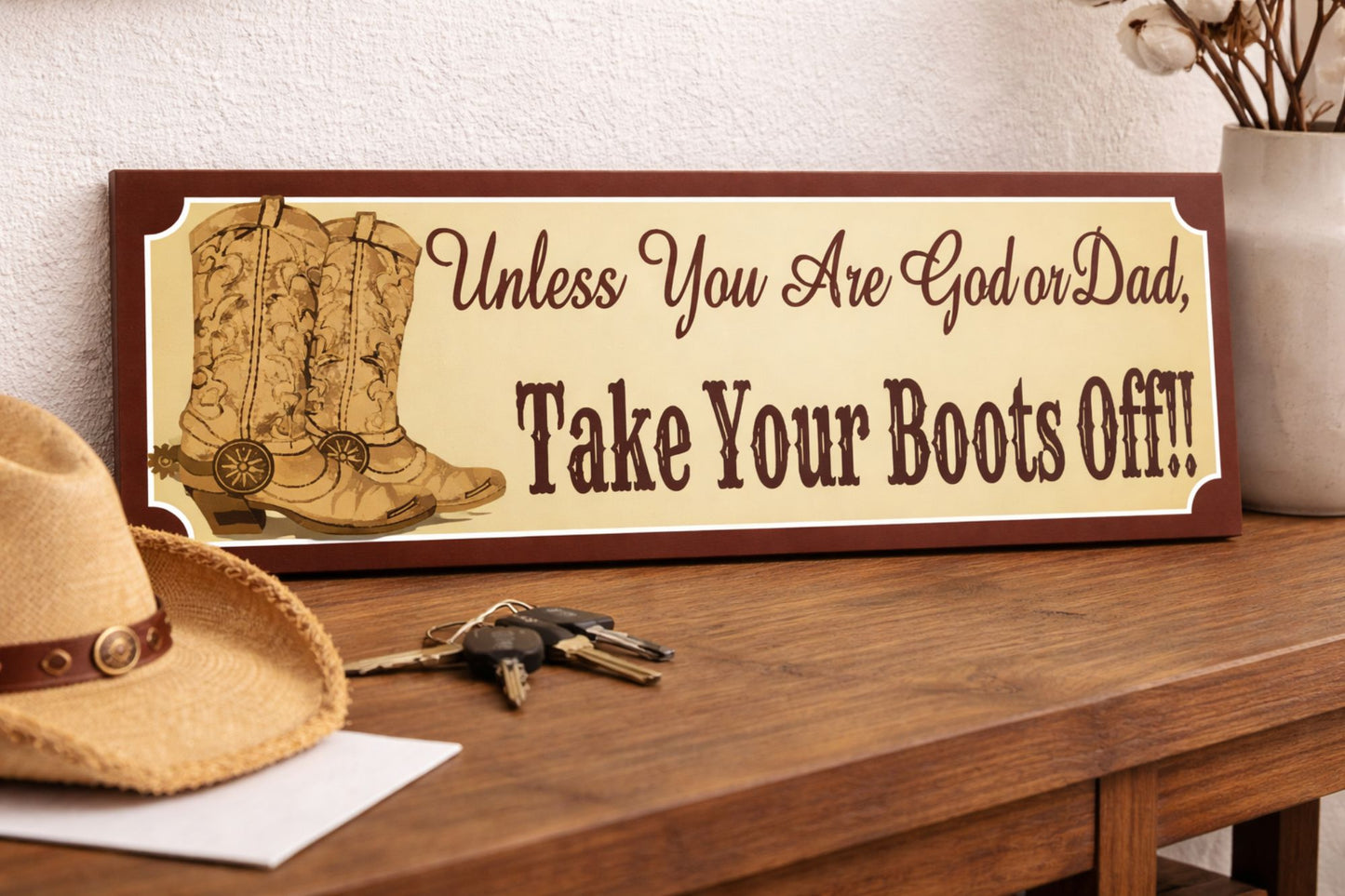 rustic western cowboy boots sign displayed on wood wall take your boots off home decor
