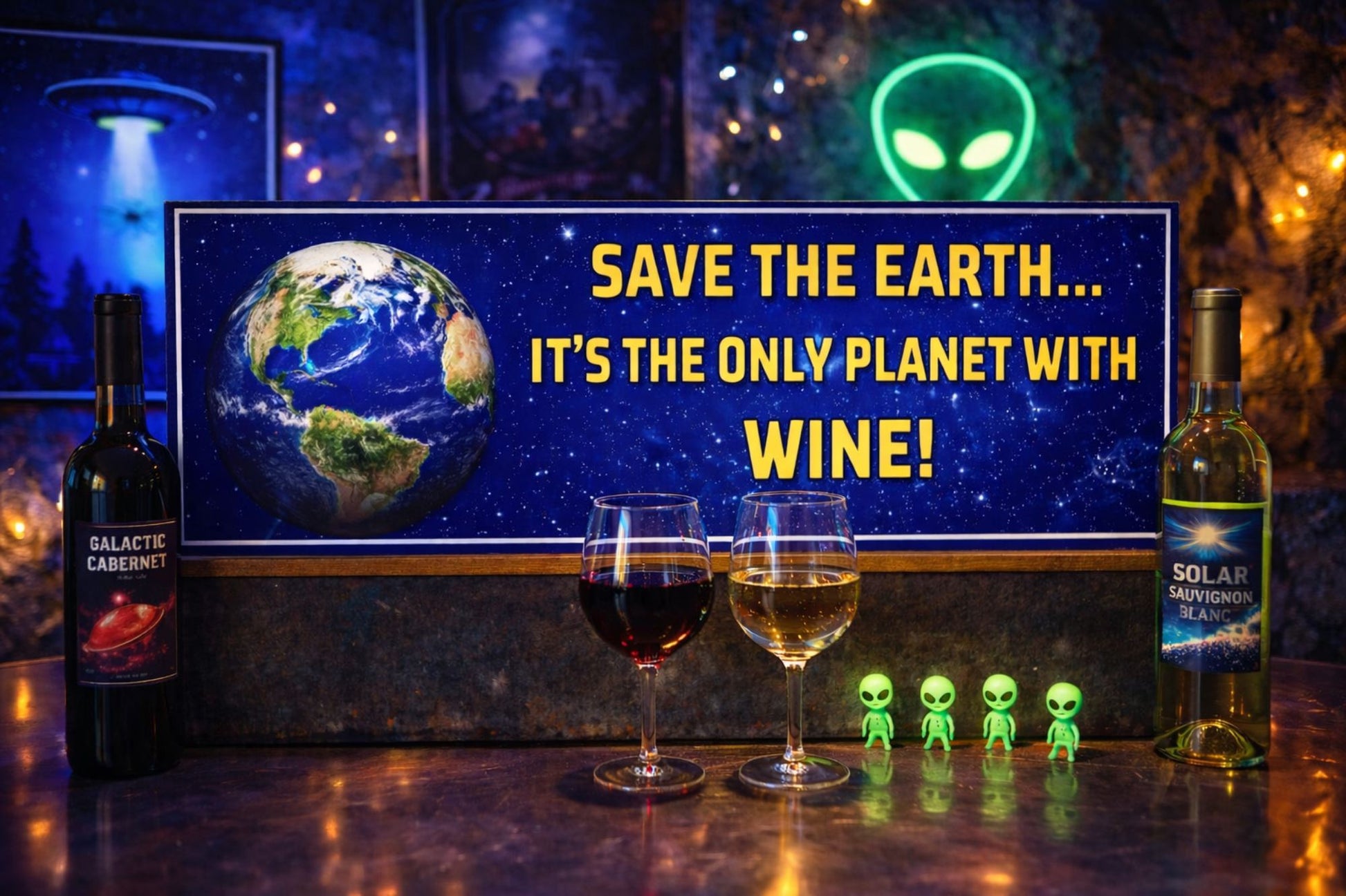 Save the Earth wine sign displayed on a bar surface with wine glasses, bottles, glowing alien figures, and a space-themed bar backdrop