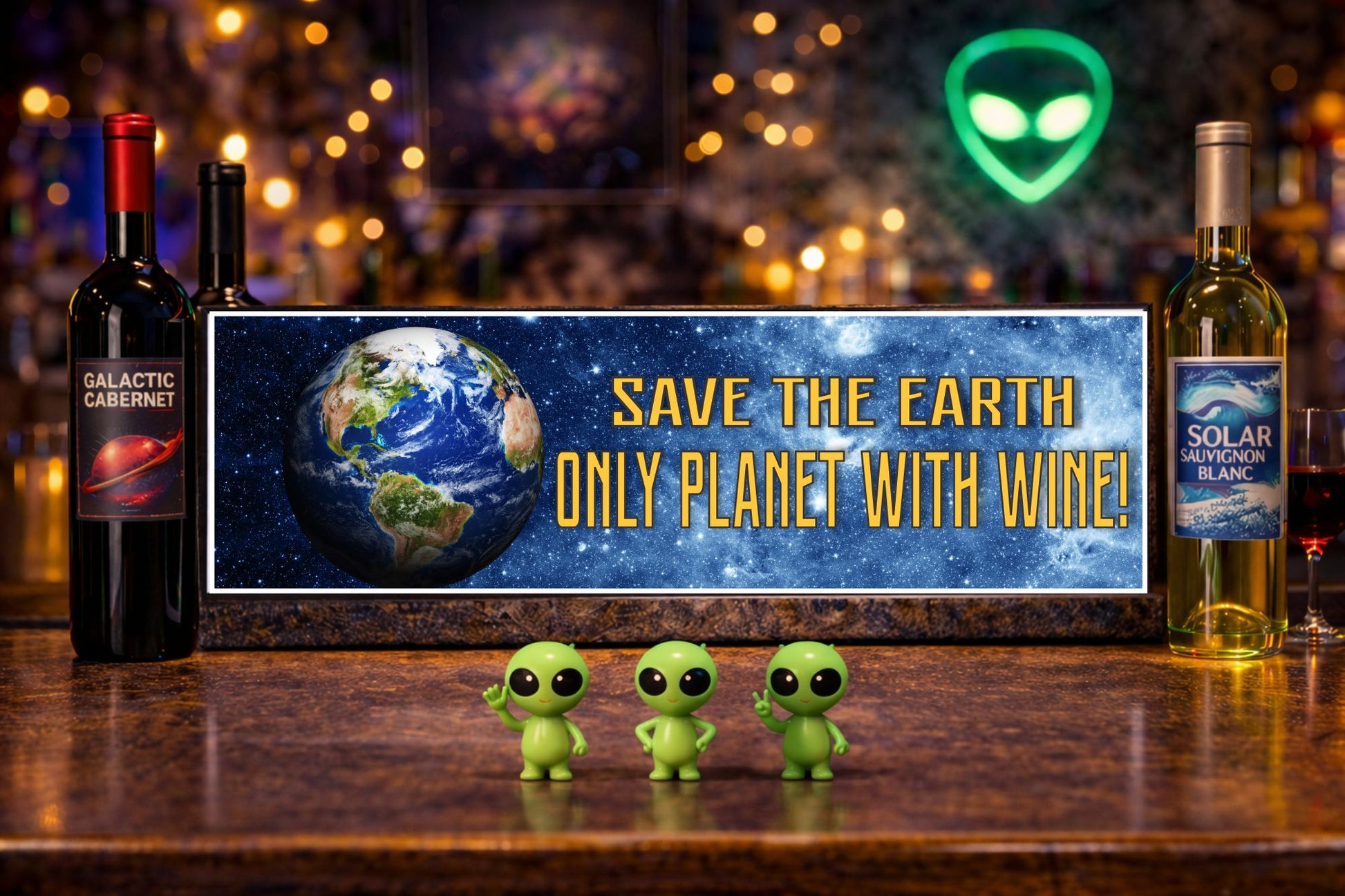 Save the Earth only planet with wine sign on bar top with alien decor and wine bottles close up