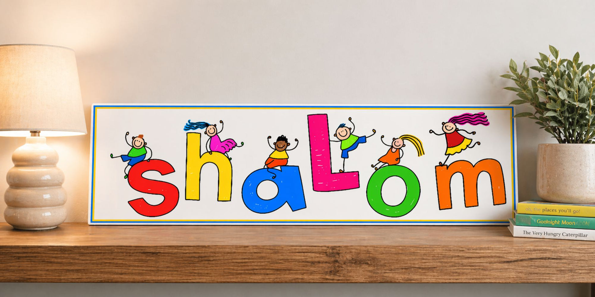colorful kids shalom sign with cartoon children displayed on wooden shelf nursery decor 16x5 size