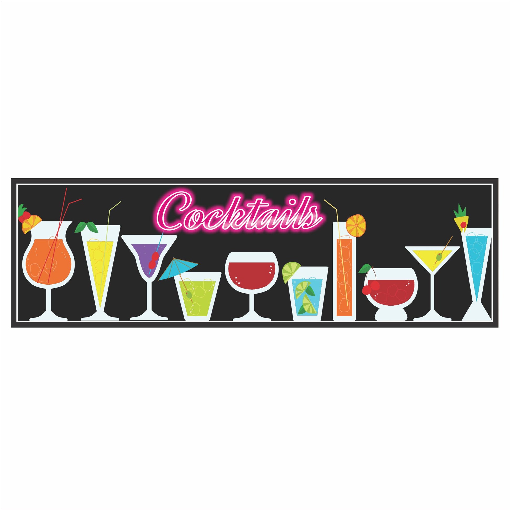 Colorful cocktails bar sign featuring illustrated drink glasses on a black background