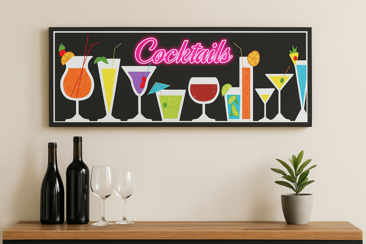 Cocktails wall sign displayed above a home bar counter with glassware and bottles