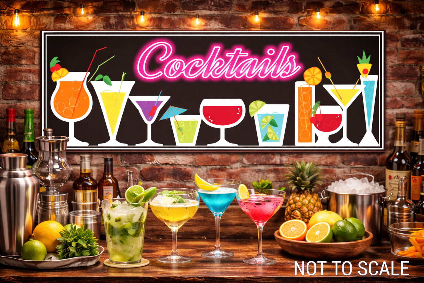Cocktails wall sign displayed on a brick bar wall above a wooden counter with bottles, cocktail shakers, citrus fruit, and mixed drinks; not to scale text at bottom right