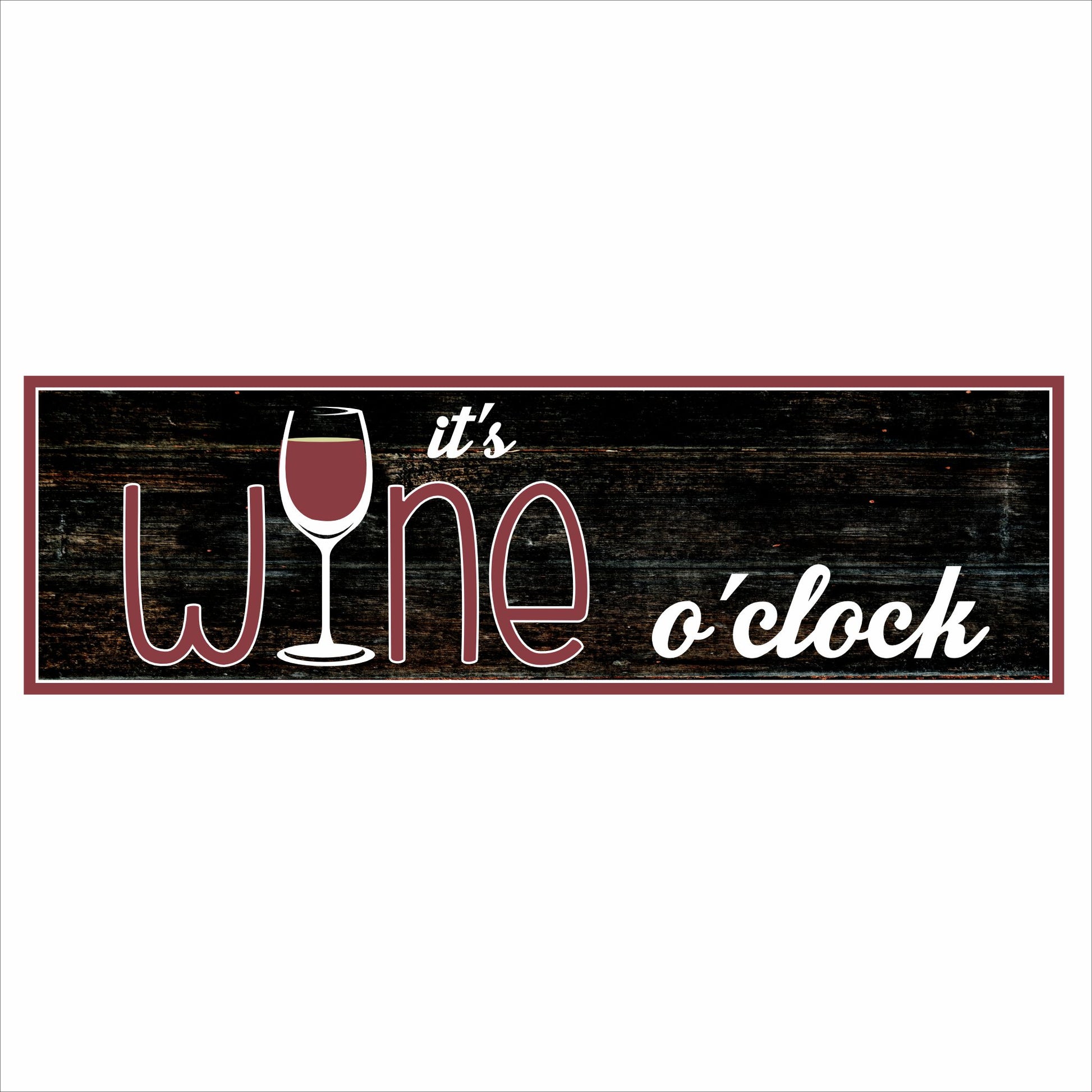 Wood-look wall sign that says It’s Wine O’Clock with a wine glass graphic, rustic farmhouse style wine decor for kitchen or home bar.
