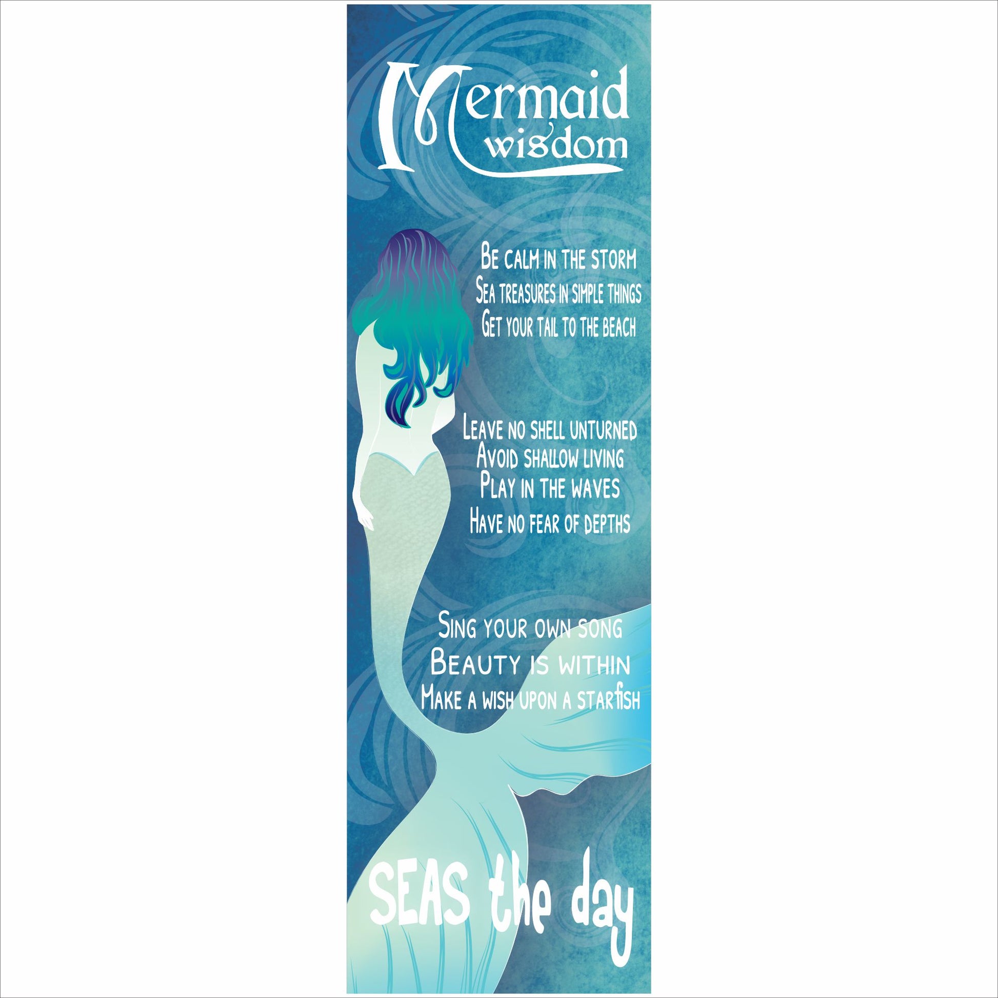 Close up Mermaid Wisdom 5x16 vertical coastal wall sign with ocean 
