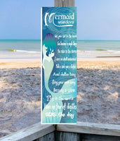 Mermaid Wisdom Beach Quote Sign with Stylized Mermaid & Curled Wave Background
