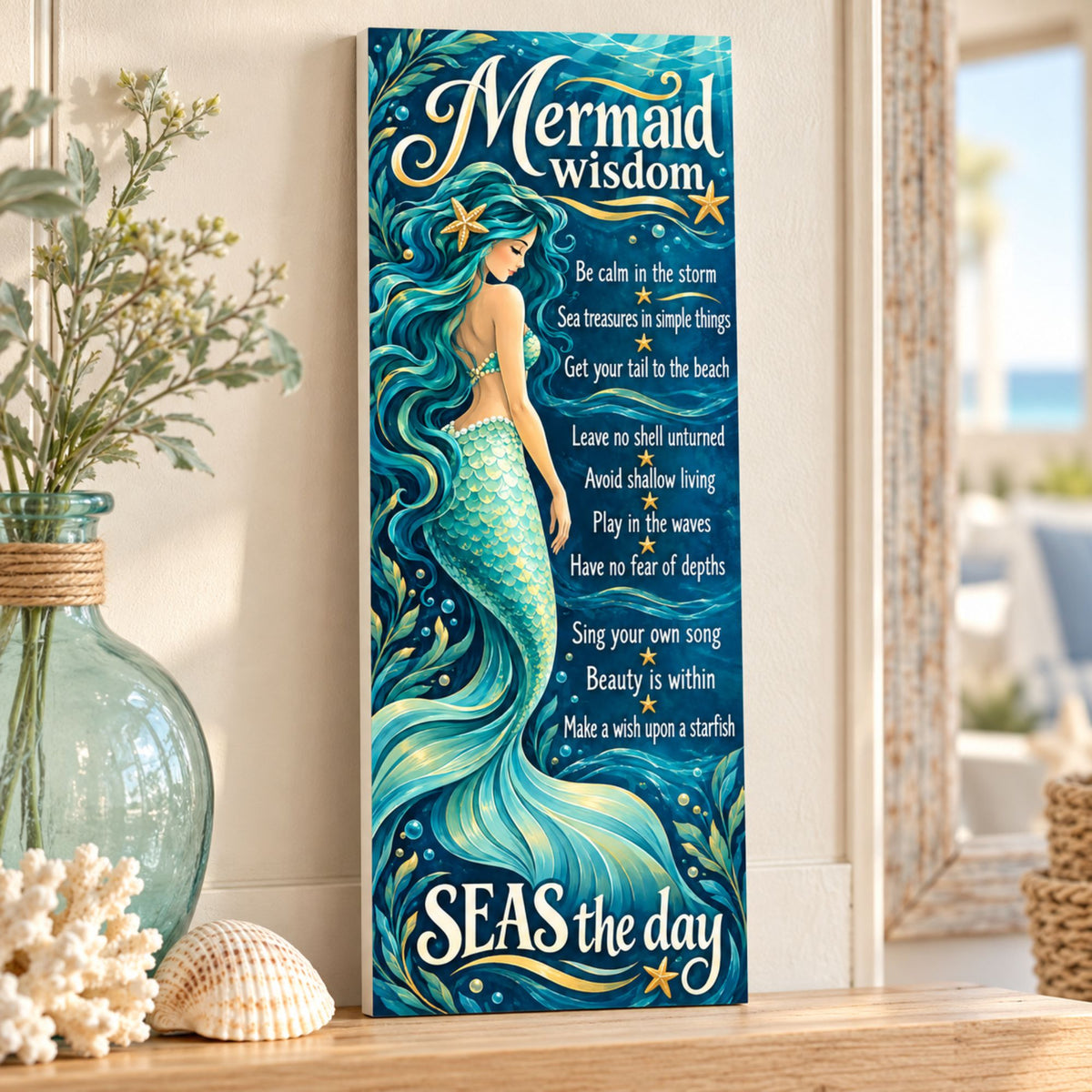 Mermaid Wisdom sign displayed on a wooden shelf beside seashells and a glass vase in a bright coastal room, with a subtle white PVC edge.
