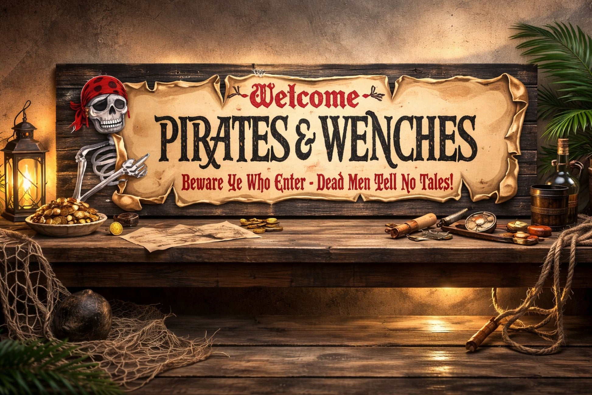 Pirate bar sign displayed on tabletop in nautical themed setting
