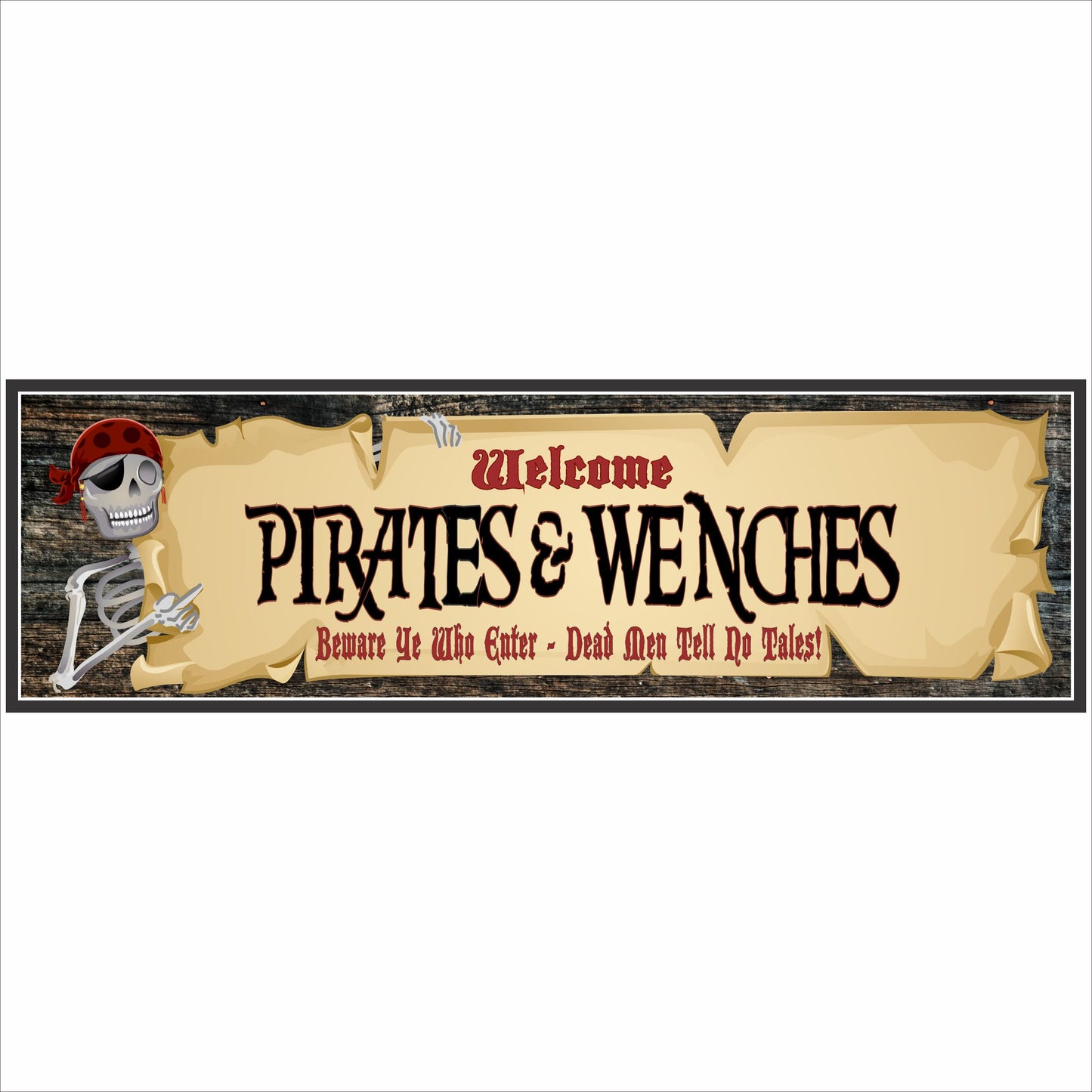 Close-up pirate bar sign with skull and parchment design
