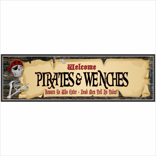Close-up pirate bar sign with skull and parchment design