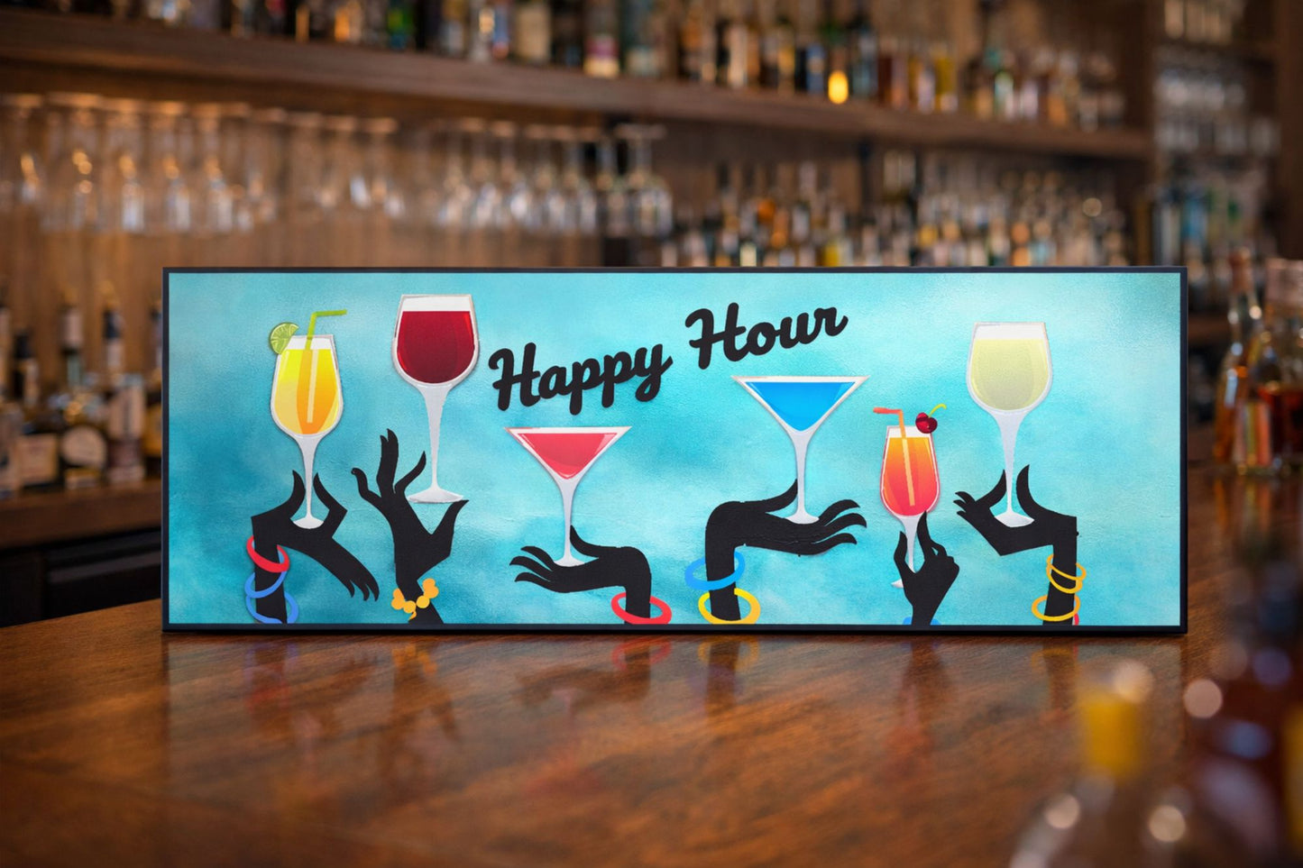 Happy Hour Cocktail Bar Sign – Modern Retro Drink Wall Decor