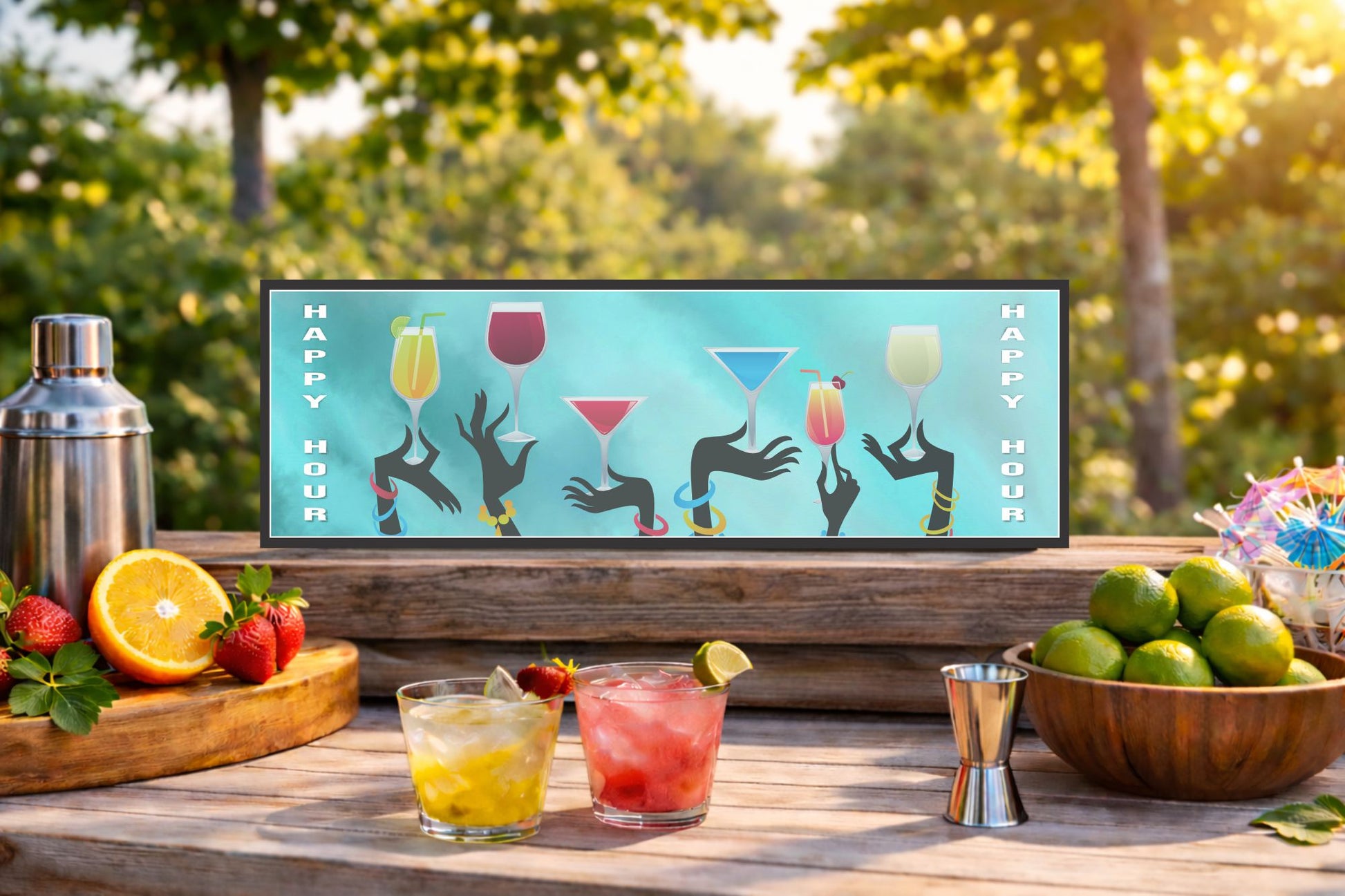 Happy hour bar sign displayed on outdoor wooden shelf with cocktails fruit and bar tools in warm sunlight setting