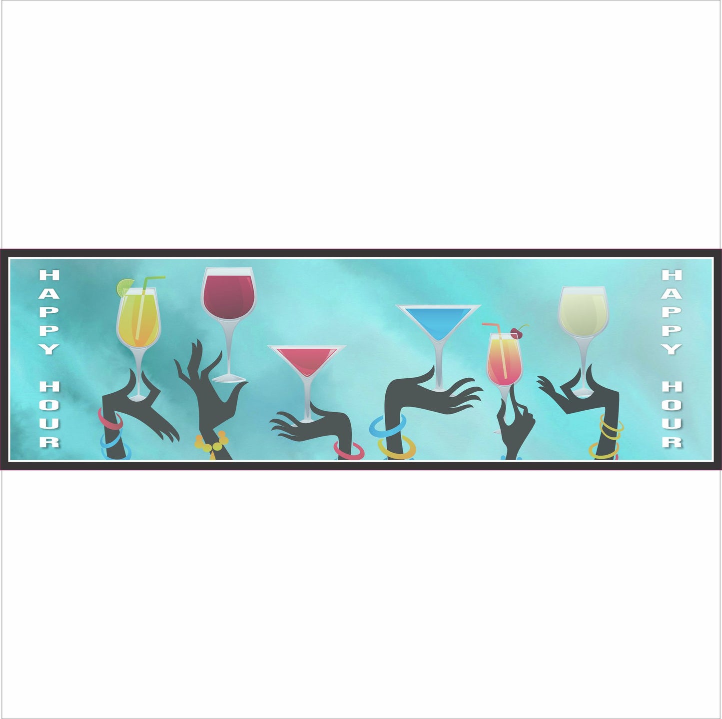 Custom happy hour bar sign with cocktail glasses and silhouetted hands on turquoise background