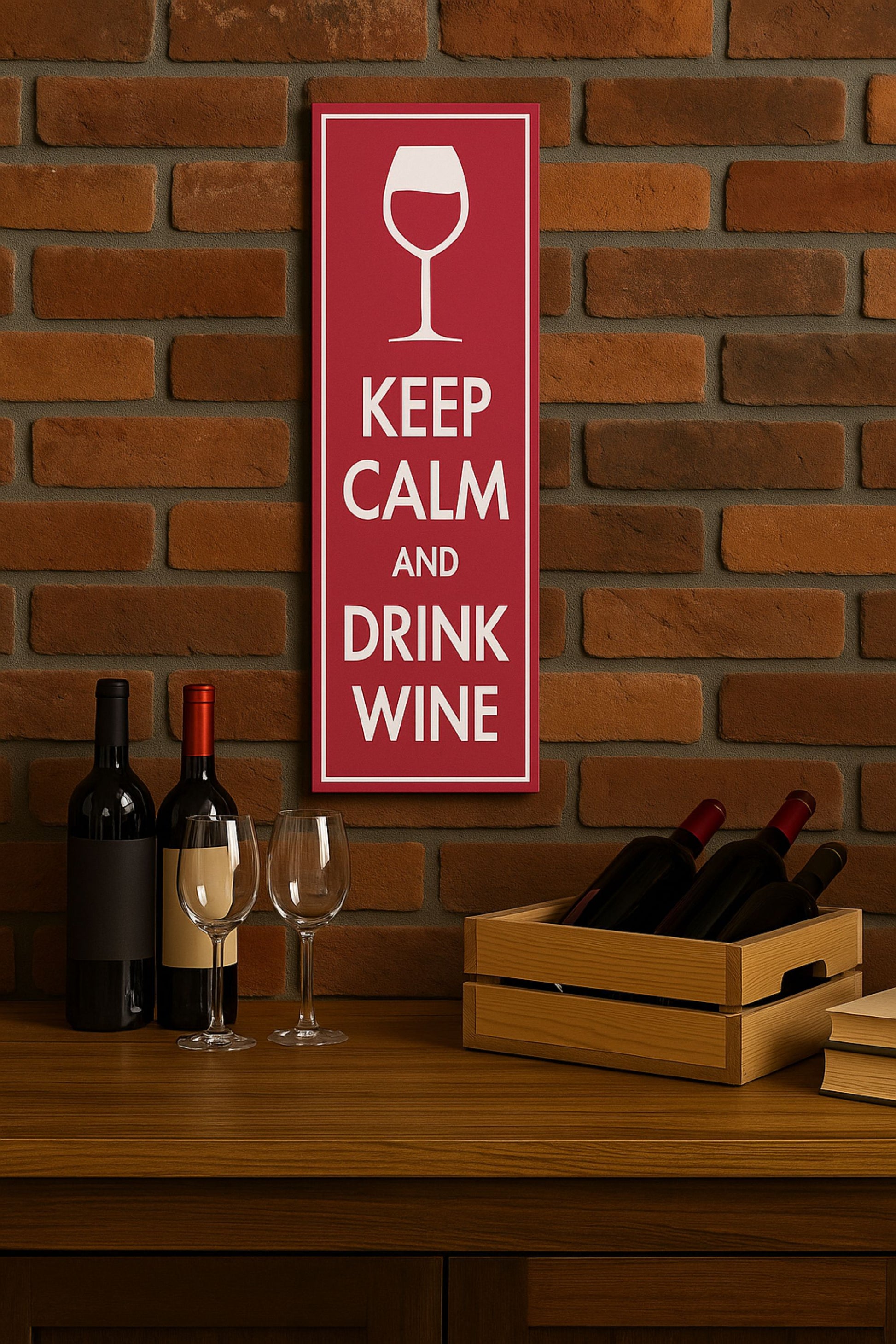 Vertical wine sign displayed in home bar setting