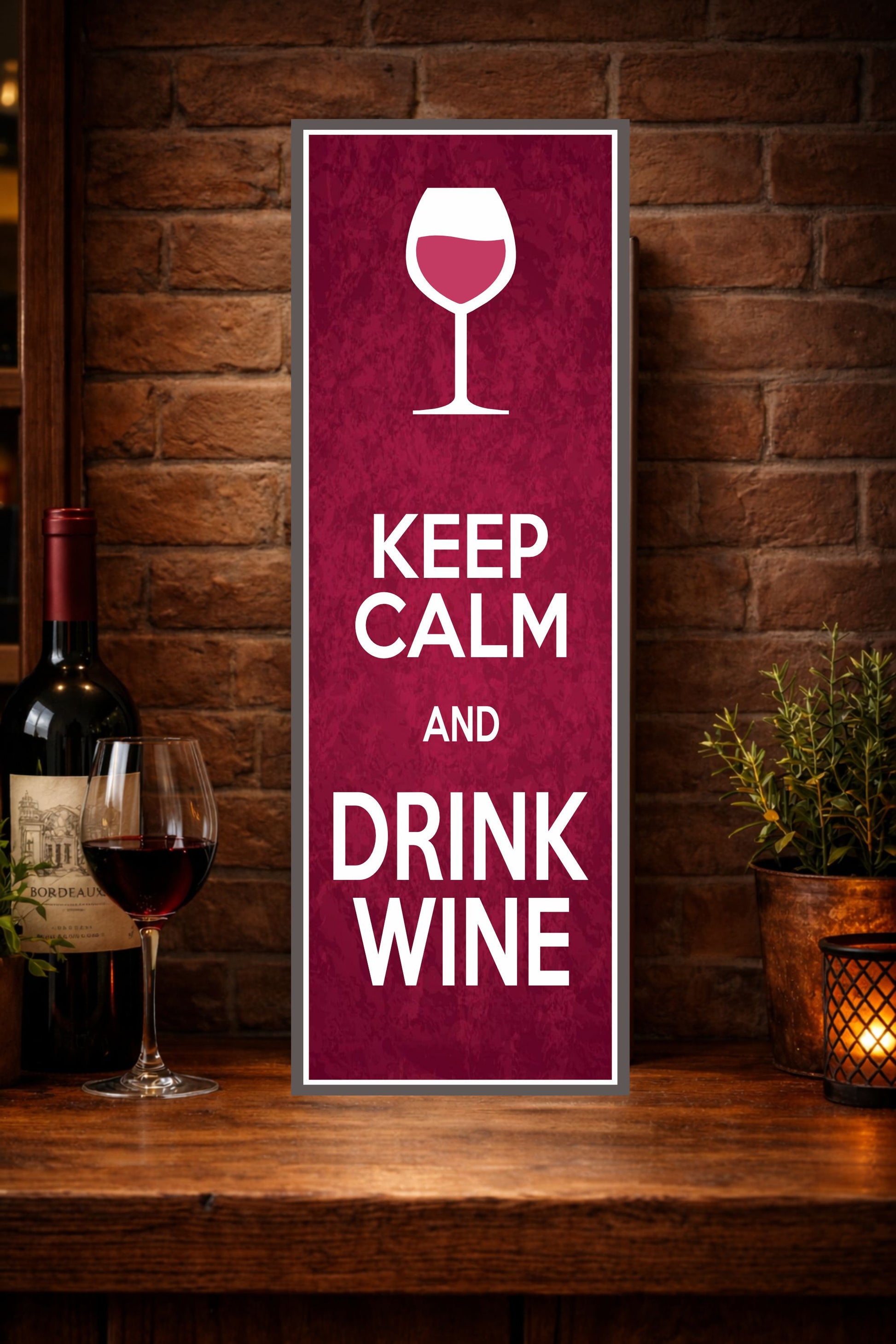 keep calm and drink wine sign displayed leaning on bar top against brick wall wine decor cozy bar setting