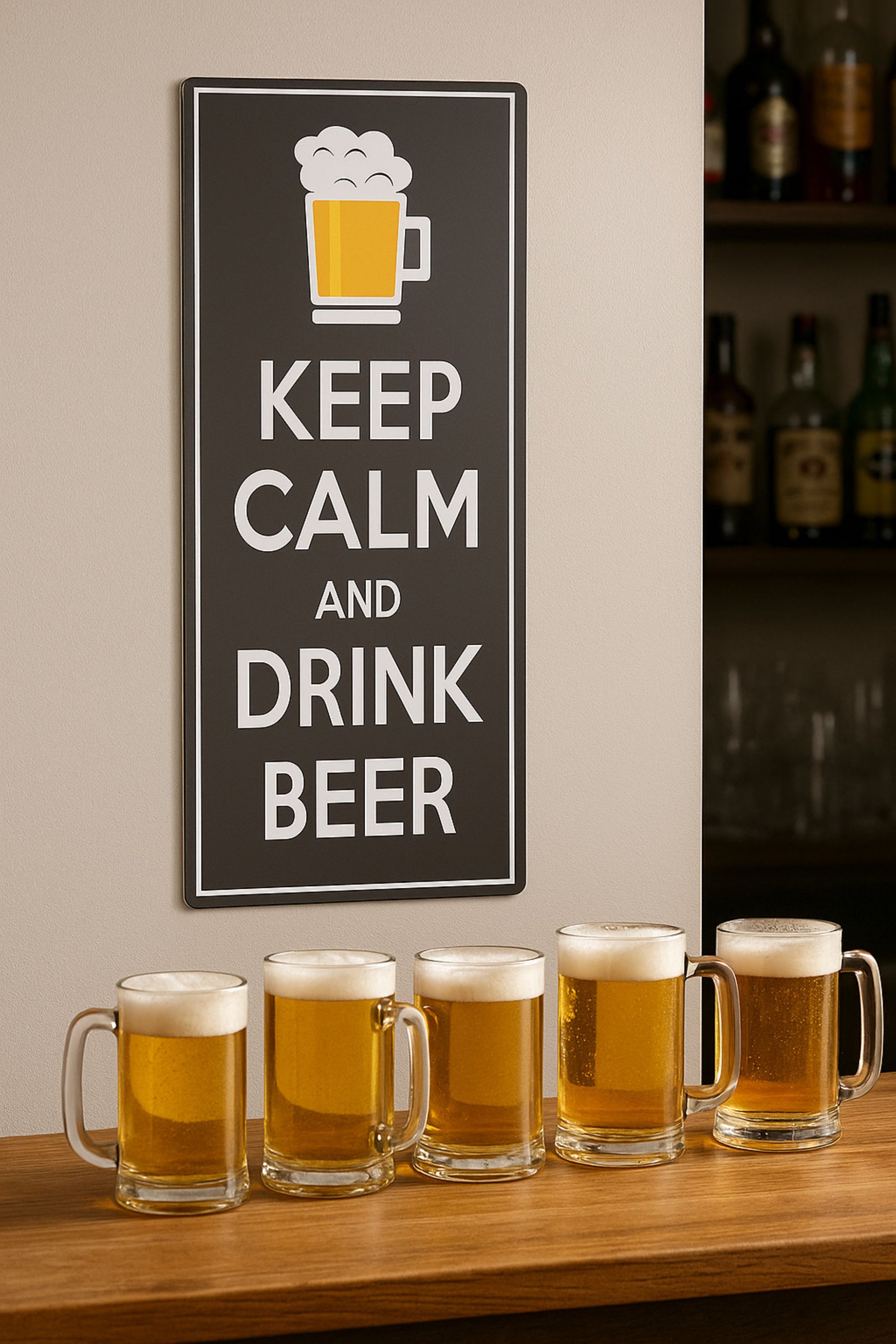 Beer sign displayed on shelf in home bar setting