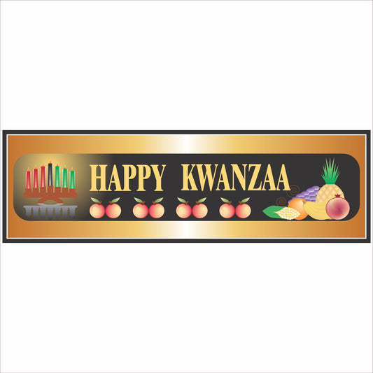happy kwanzaa horizontal sign with candles and harvest fruit illustration