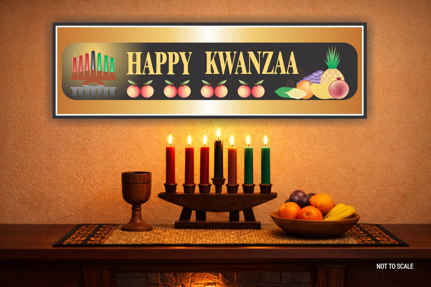 happy kwanzaa sign displayed on mantel with kinara candles and fruit decor