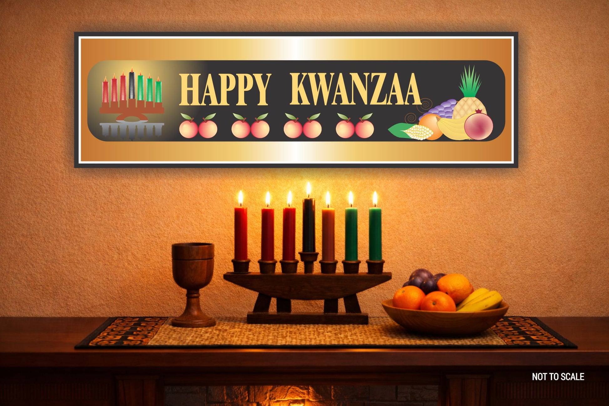 happy kwanzaa sign displayed on mantel with kinara candles and fruit decor