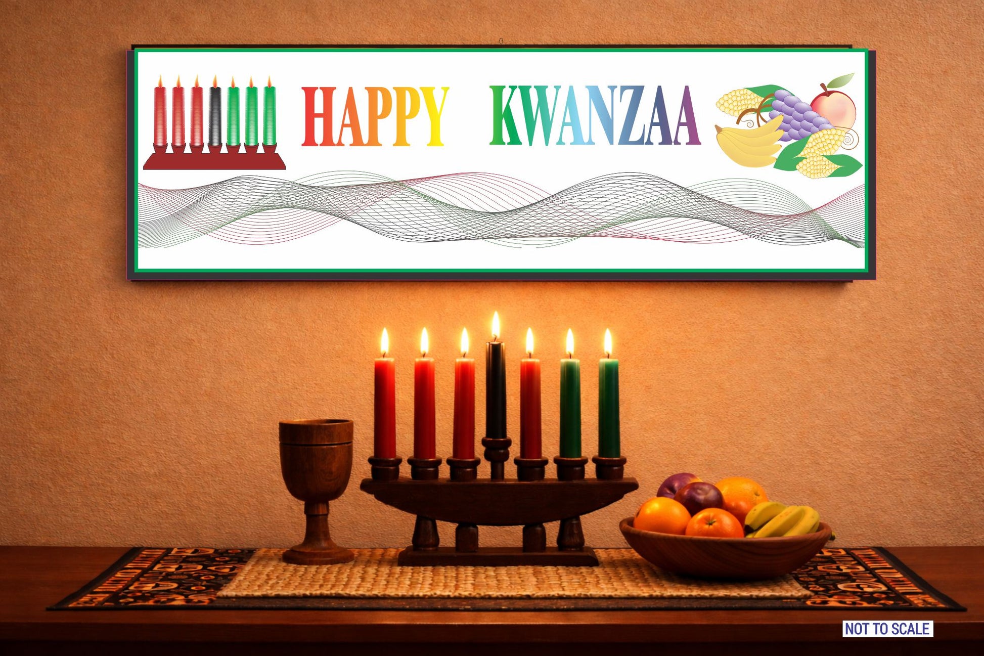 Kwanzaa mantel decor sign displayed above kinara and fruit