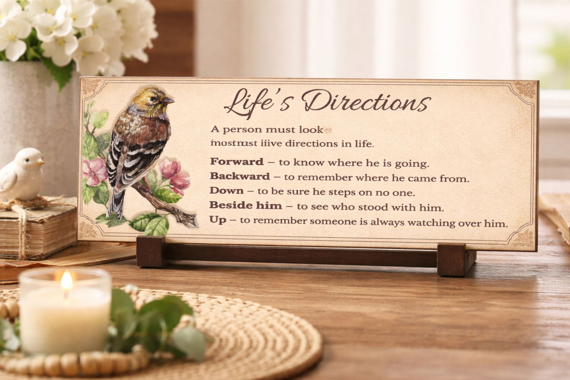 life's directions inspirational sign displayed on table with candle flowers and books
