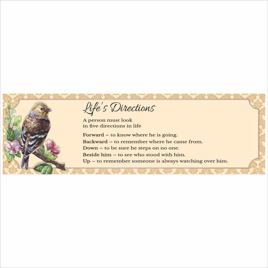life's directions inspirational poem sign with vintage bird illustration close up