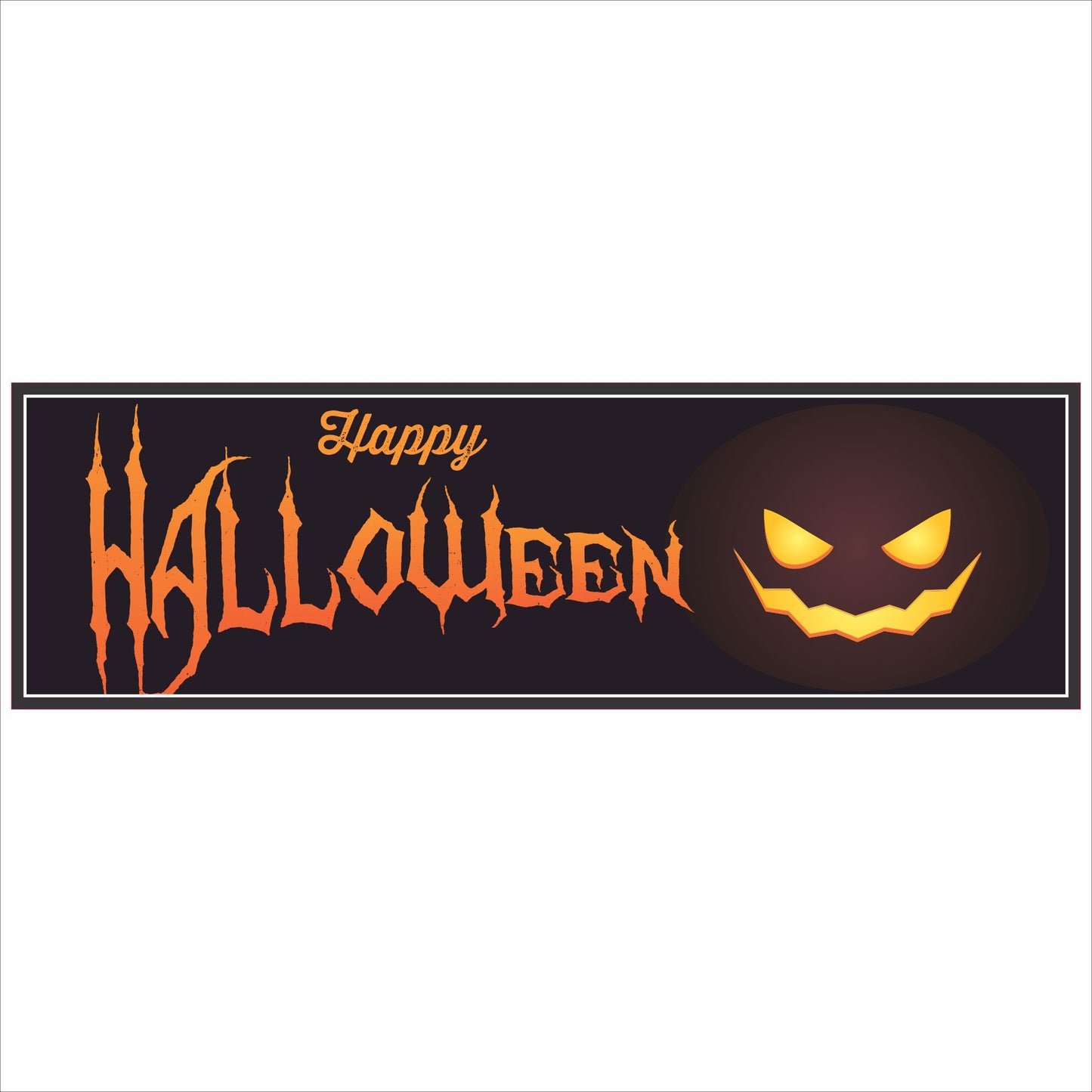Horizontal 16x5 Happy Halloween sign with glowing jack o lantern face and orange lettering