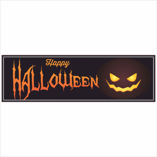 Horizontal 16x5 Happy Halloween sign with glowing jack o lantern face and orange lettering