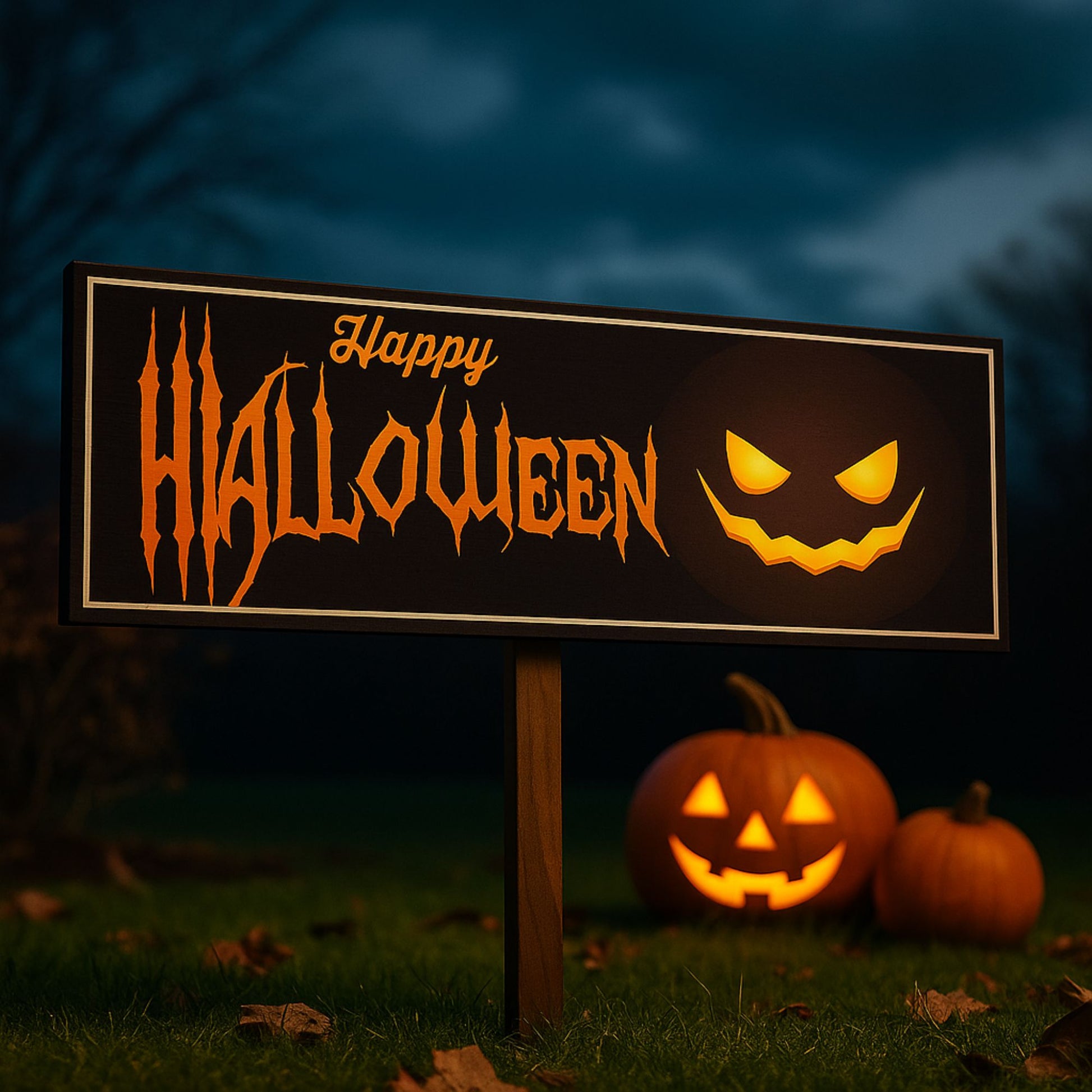 Happy Halloween jack o lantern sign displayed outdoors at night with pumpkins