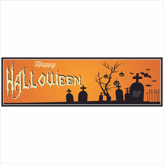 Horizontal 16x5 Happy Halloween graveyard sign with orange background and tombstone silhouettes