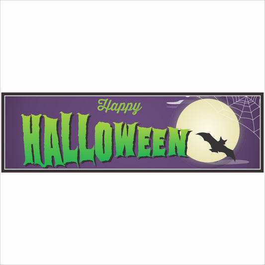 Horizontal 16x5 Happy Halloween sign with green lettering, purple background, full moon, bat silhouette, and spider web