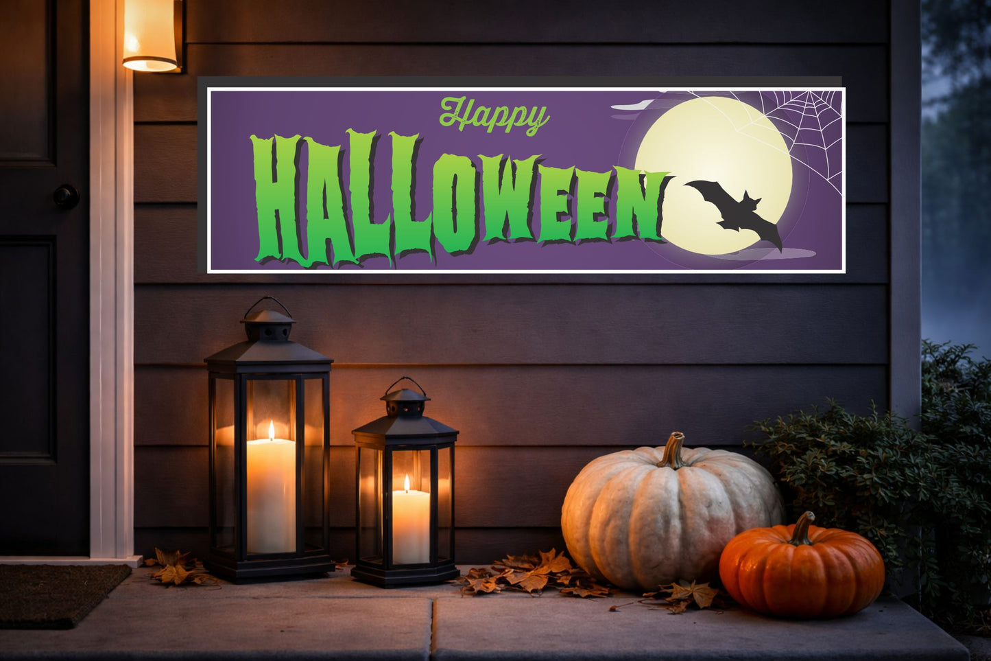 Happy Halloween wall sign displayed on front porch with lanterns and pumpkins

Tags