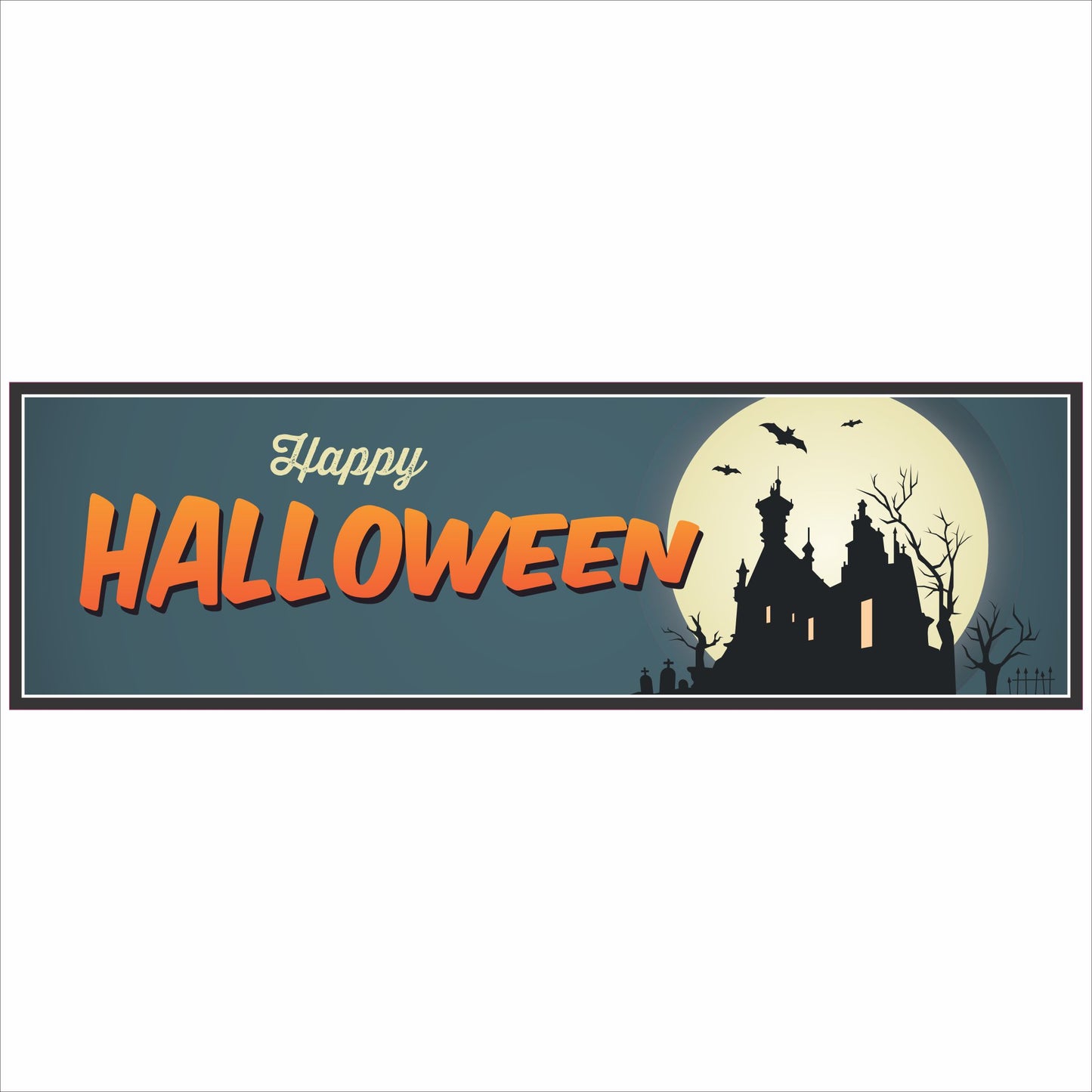 Horizontal 16x5 Happy Halloween sign with haunted house silhouette and full moon