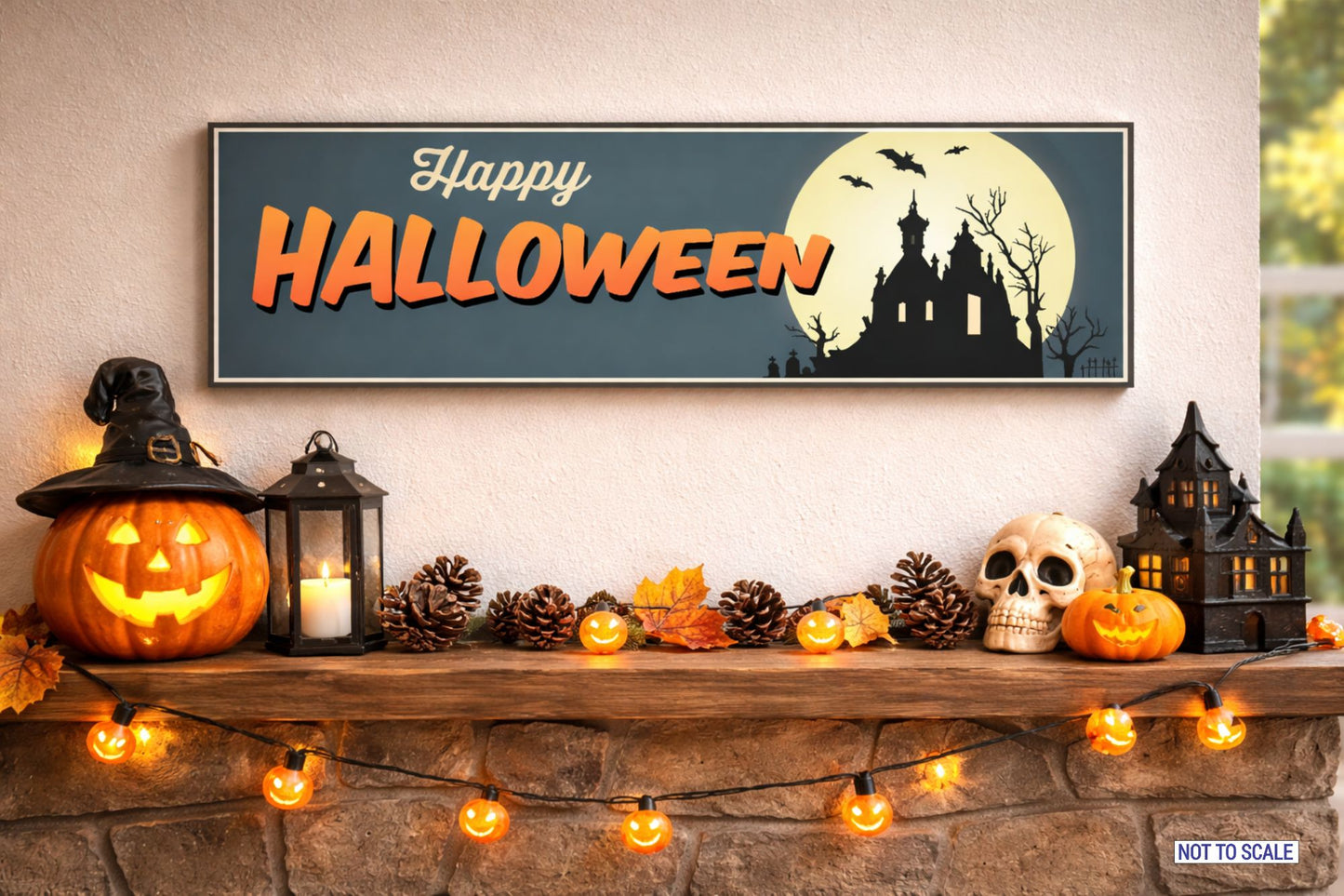 Halloween wall sign displayed above mantel with pumpkins, lantern, and string lights
