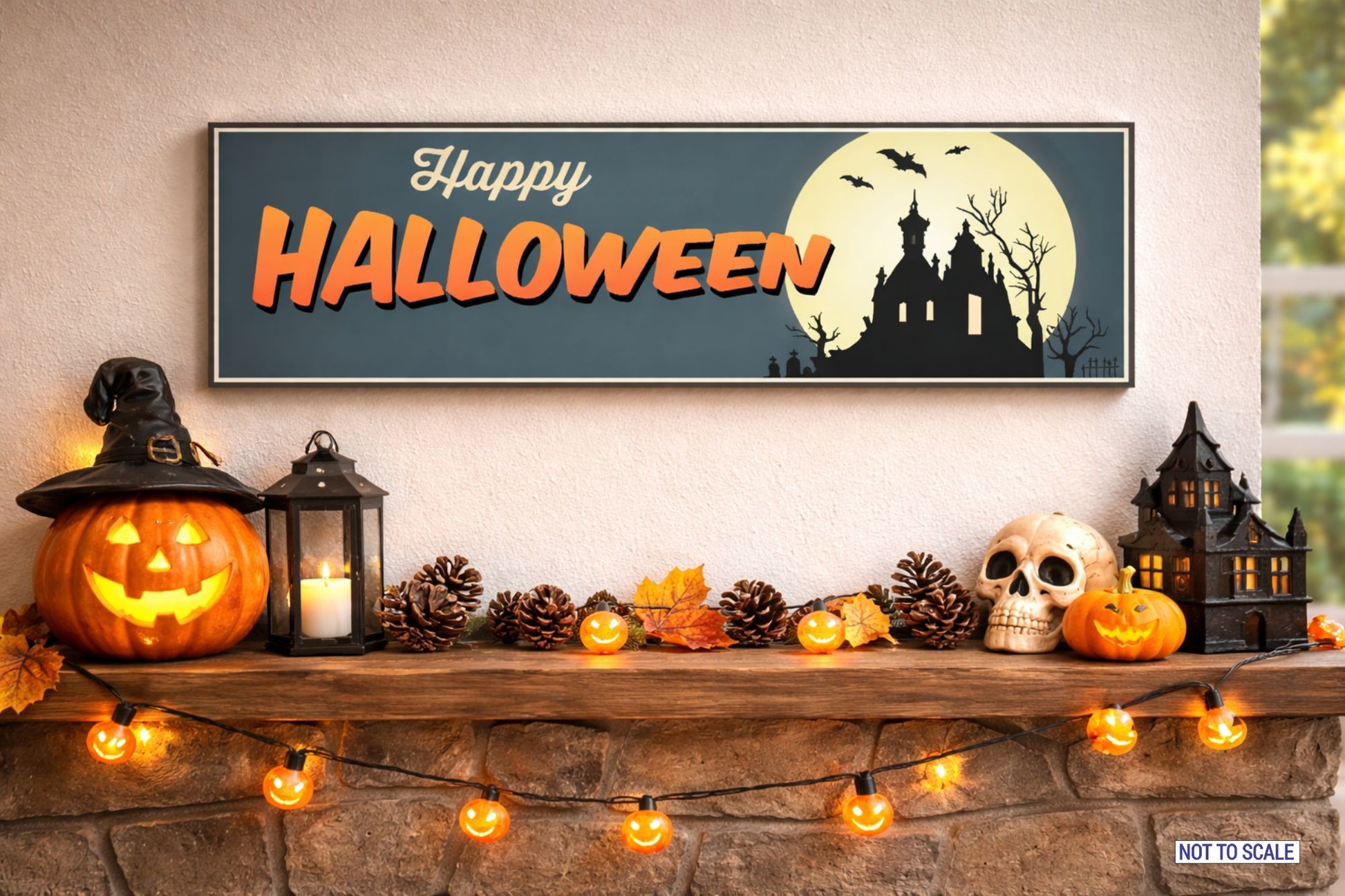 Halloween wall sign displayed above mantel with pumpkins, lantern, and string lights