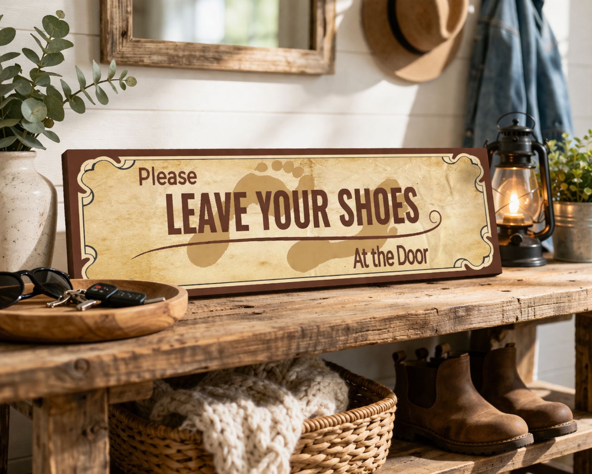 leave your shoes sign on rustic wooden entry table with lamp plant and woven basket decor