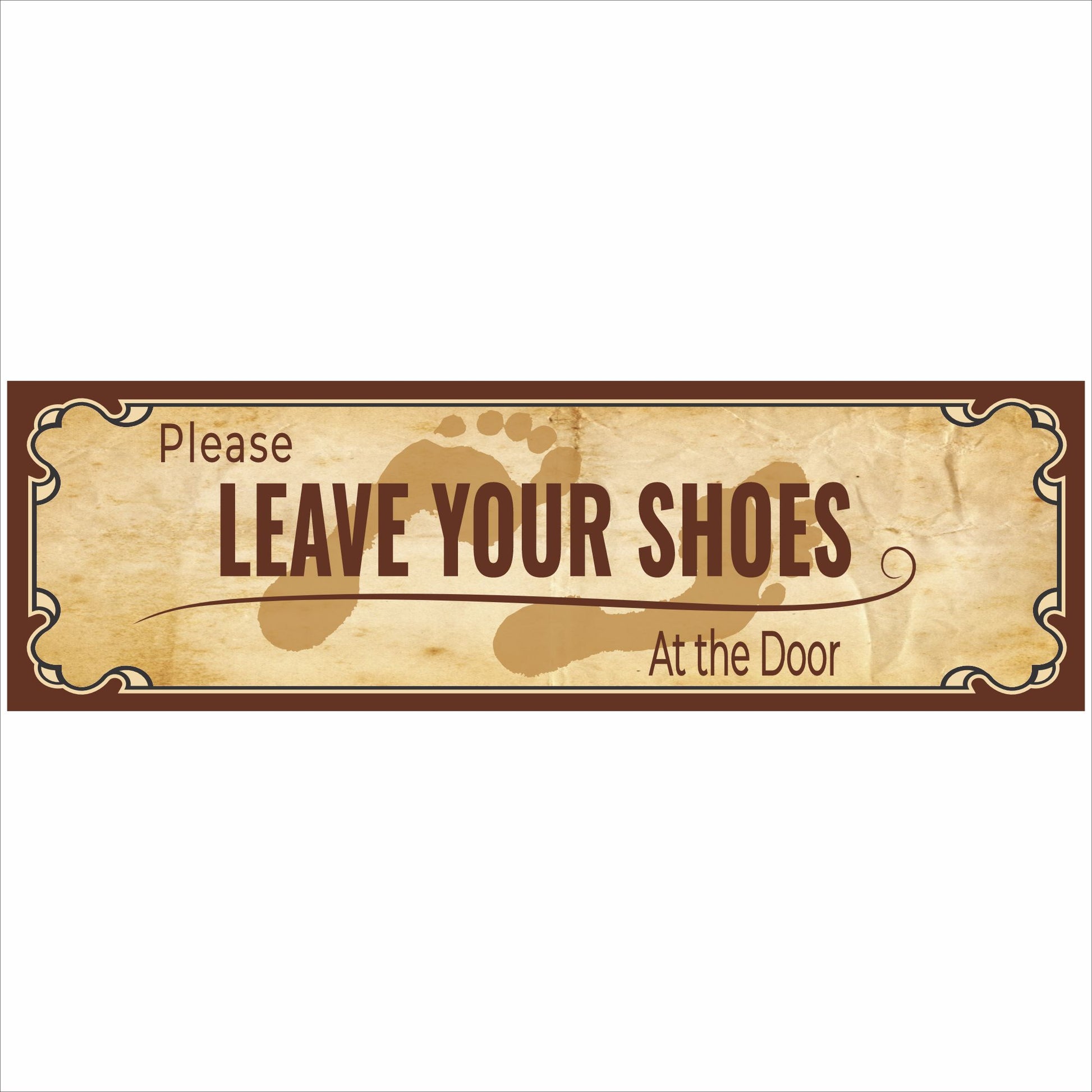 close up of please leave your shoes at the door sign with vintage background and footprint design