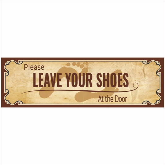 close up of please leave your shoes at the door sign with vintage background and footprint design