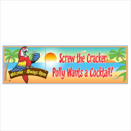Funny tiki bar sign with parrot graphic and cocktail themed text