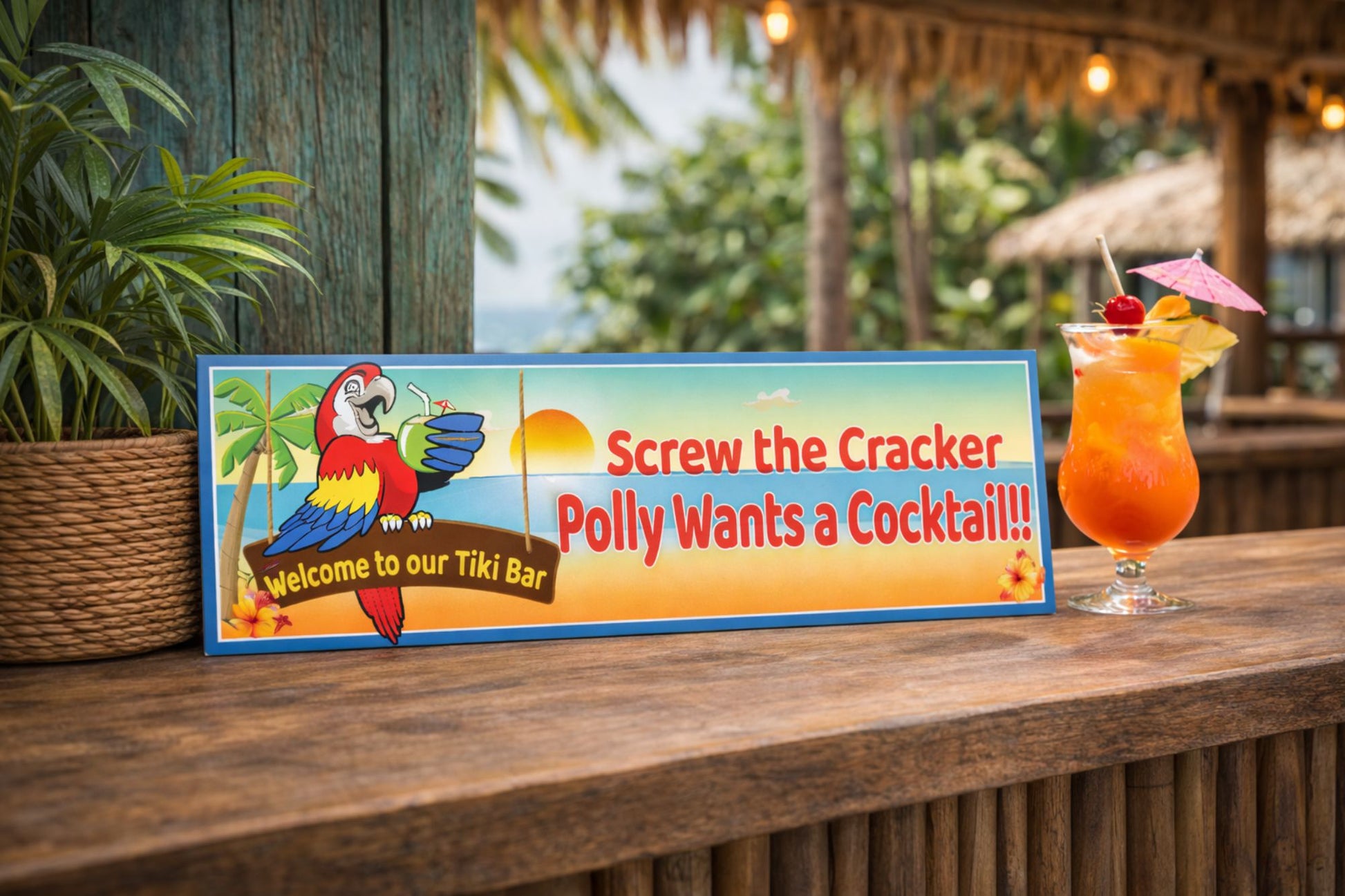 tiki bar sign displayed on outdoor bar top with tropical drink bamboo background funny beach bar decor sign