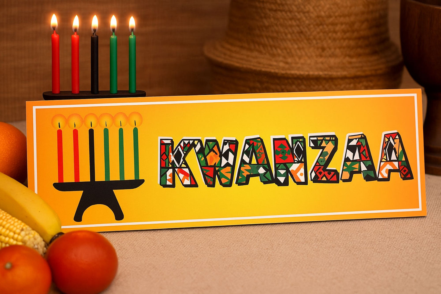 Kwanzaa holiday sign displayed with candles and seasonal fruit